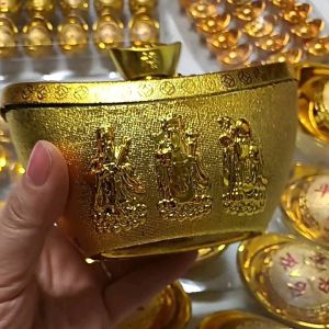 Thỏi vàng 3 ông phúc lộc thọ làm cây cành vàng lá ngọc trưng bàn thờ Thần Tài size 6x10cm