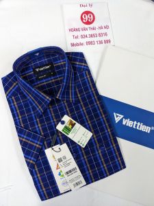 [Việt Tiến Sale] Sơ Mi Ngắn Tay - Regular (Suông) - Vạt vuông - Kẻ ô xanh navy xen vàng nâu