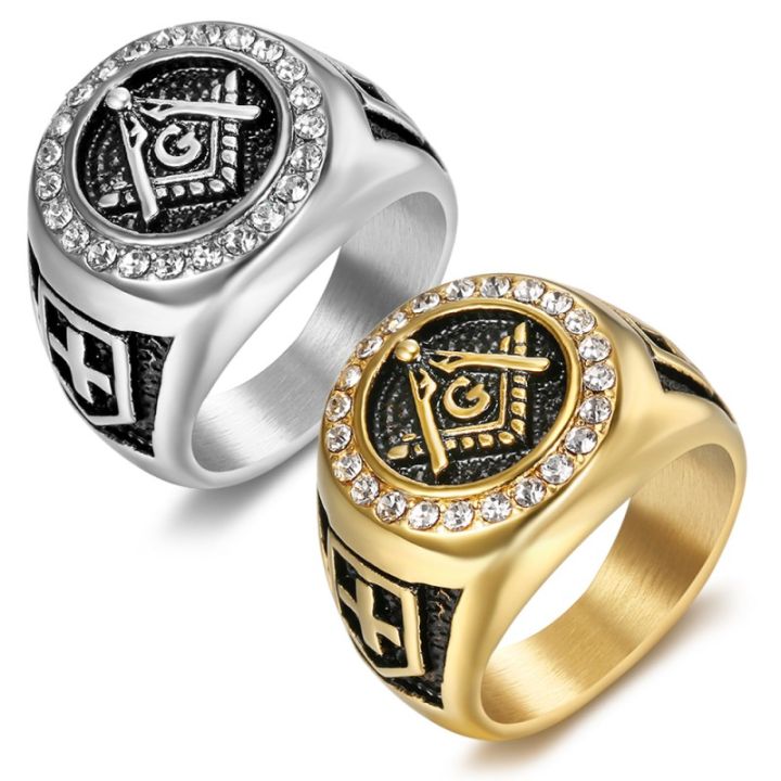 แหวนสแตนเลสสำหรับผู้ชาย สัญลักษณ์สมาคมฟรีเมสัน สีเงิน ขนาด 7-15