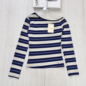 เสื้อแขนยาวปาดไหล่ เสื้อแขนยาวไหมพรมลายทางปาดไหล่ หน้าหนาว ภูเขา งานเกาหลีผ้านิ่มมาก G-rose (G028)