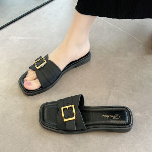 [Free Shipping] Square Buckle Slippers For Women New Summer Style Flat Soft-Soled Slide Sandals Fashionable And Versatile For Outdoor And Home Use