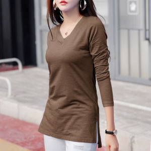 ผู้หญิงแขนยาวคอวีเสื้อยืดลำลอง Tee หลวมท็อปส์ผ้าฝ้าย95%