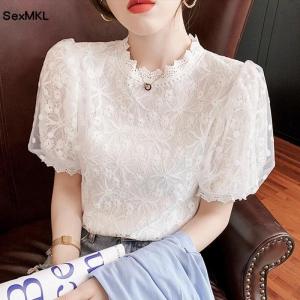 Women White Lace Blouses Summer 2026 Fashion Hollow Out Black Blusas Mujer Casual Korean Style Elegant Puff Sleeve Tops Vintage2026