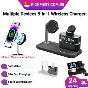 【✅SG Brand🔥】RICHMENT C09 Plus 5-in-1 Magnetic Wireless Charger with Bluetooth Speaker RGB Night Light Alarm Clock Charging Station for iPhone Apple Watch AirPods Fast Charging Desk Stand