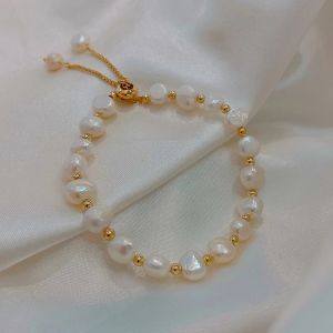 Natural Pearl Bracelet for Women Fashion Bracelet with Pink Pearls and Gold Chain Tassels