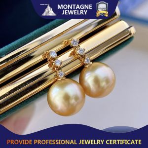 Montagne Jewelry 18k Pure Gold earring for women Diamond Inset Fine Jewelry Natural 11-11.5mm South Sea Golden Pearl Earrings Stud Earring