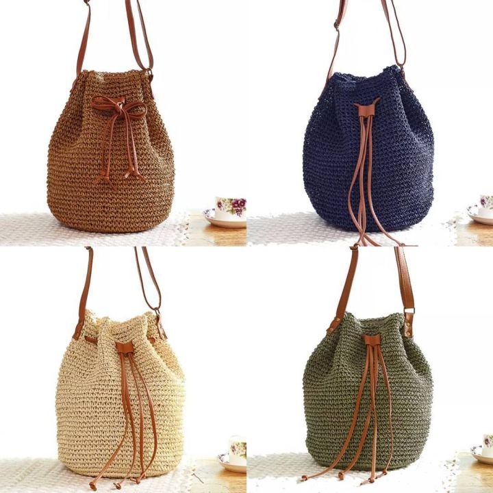 กระเป๋าสานทรงขนมจีบสายหนังสไตล์โบฮีเมียน สายปรับได้ | Lazada.co.th