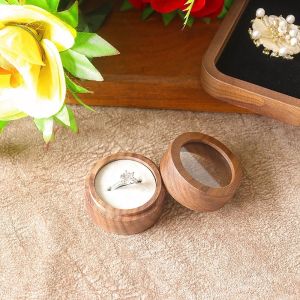 AMELY Luxury Walnut Wood Rings Holder 1/2 Slots Round Jewelry Organizer Multi-function Storage Rings Display Case Couple