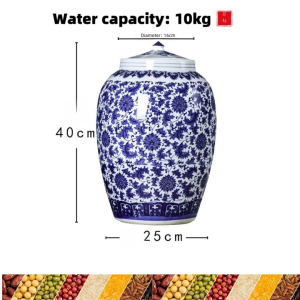 Ceramic rice dispenser 10kg 25kilos 50kg Big Blue and white porcelain jar with cover rice food  storage container  airtight  kitchen canisters jars rice box rice bucket Moisture-proof and insect-proof