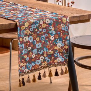 【In stock】Retro Jacquard Table Runner with Tassels Retro Flowers Jacquard Tassel Tea Coffee Table Settings Ethnic Style Dining Kitchen Decoration Table Runners TV Cabinet Long Strip Cover