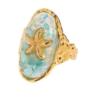 Blue Elliptical Starfish Ring Corrosion Resistant Stainless Steel Adjustable Opening For Fashion Accessories