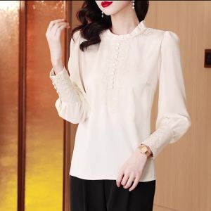 AMMIN 2025 Autumn New Fashion Ruched Ruffle Patchwork Stand Collar Long Sleeve Commuter Shirt for Women Korean Style Fashion Exquisite Floral Embroidery Design Simple Solid Color Elegant Blouse