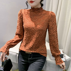 REHIN Womens top High-neck sequin long sleeve T-shirt Hollow out Lace Feather Down Pullover slim fit mesh inner lining trend blouse
