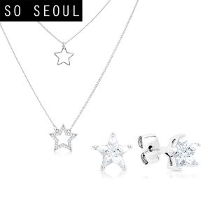 SO SEOUL Attract Y Double Tier Star Diamond Simulant Stud Earrings Fixed Chain Necklace Jewelry Gift Set