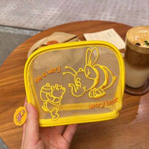 Cute Cartoon Elephant Bear Embroidery Mesh Storage Pouch Portable Travel Toiletry Makeup Bag For Weekend Trip