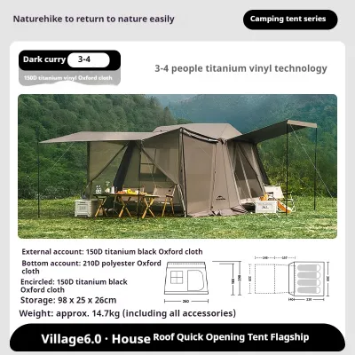 Naturehike VILLAGE 6.0 Gen 2 Flagship Edition Fast Automatic Cabin Style Tent Ti Black Coated Sunscreen Large 15m² Use Space for 4 Person Waterproof Ridge Roof 6 Ultimate