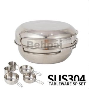 Outdoor Camping Pan 5pcs Set Thick Stainless Steel Set Lunch Box Outdoor Plate Bowl Set Makan Khemah Picnic Cookware