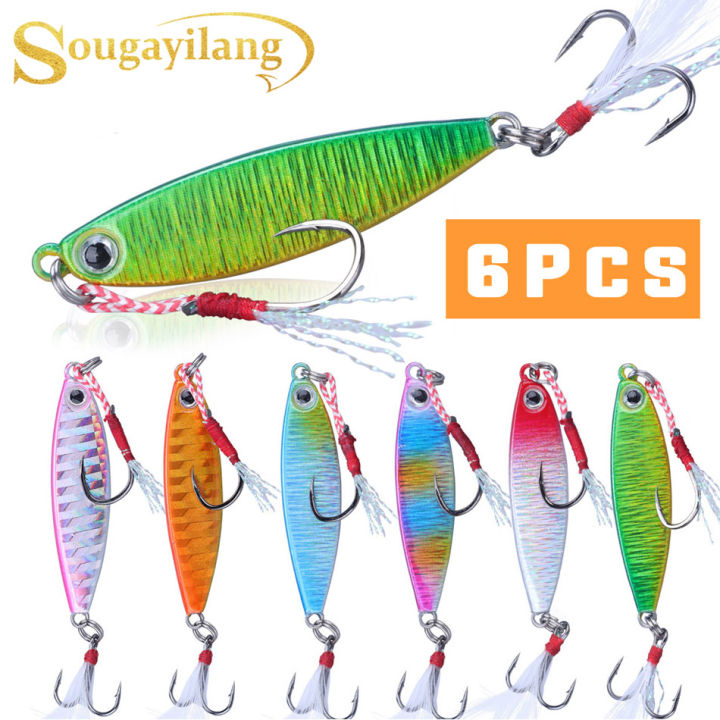 Sougayilang 6Pcs 10g Gram Micro Metal Jig Fishing Lure Slow Jig with Barb  Hook Feather Fishing Lures for Saltwater Sea River Pond Fishing