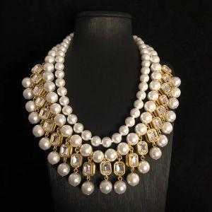 European and American Fashion Glass Necklace with Multiple Layers of Pearls Light Luxury Short Sweater Chain Womens Jewelry