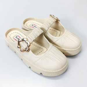 Wolf.id SPT-63 Sandal Sepatu Wanita Cewek Mules Slip On Kerut Gesper Bunga Woman Korea Shoes Kekinian BISA COD