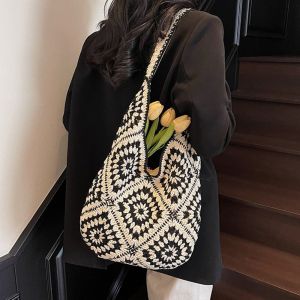 SOTOP กระเป๋าสะพายไหล่แบบสั้น กระเป๋าถักนิตติ้ง โหลออก โบฮีเมียน กระเป๋าสานทอ วินเทจ จุได้มาก กระเป๋าโท้ทโครเชต์ สาวๆ