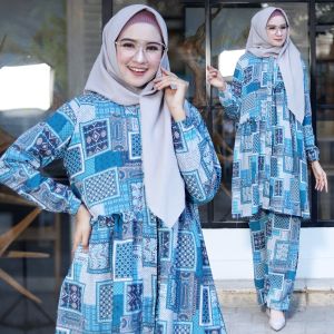 Fya Shope -Stelan Baju Tunik & Celana Wanita Muslimah Blouse Lengan Panjang App Kriwil Fashionable Baju Mewah Elegant Baju Tunik Wanita Busui Set Ainun / Good Quality / Best Seller / Real Pict