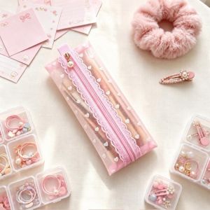 XIAHU Trái tim ren Hộp đựng bút học sinh bằng lưới Ngọc trai Dung lượng lớn Túi đựng văn phòng phẩm Di động Túi đựng bút Quà tặng học sinh