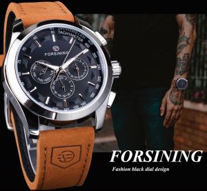Forsining Automatic Watch Mens Mechanical Watch Black 3 Dial Calendar Display Clock Fashion Luminous Watch. gift