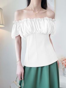 Summer Victorian Shirt Dark Women Renaissance Blouse One Shoulder Short Sleeve Top