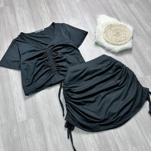 Set Áo thun croptop bigsize và chân váy rút dây phía trước hai bên Áo thun chân váy nữ BIGSIZE CÔ NHỎ- SET28