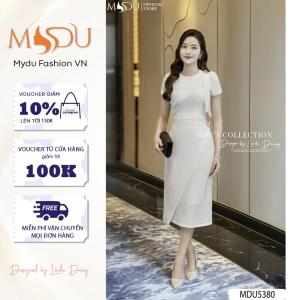 Váy Thiết Kế MDU5380 Crepe Họa Tiết Sóng Cổ Tròn Tay Ngắn Nhún Bèo Đắp Chéo Tôn Dáng Dành Cho Quý Cô