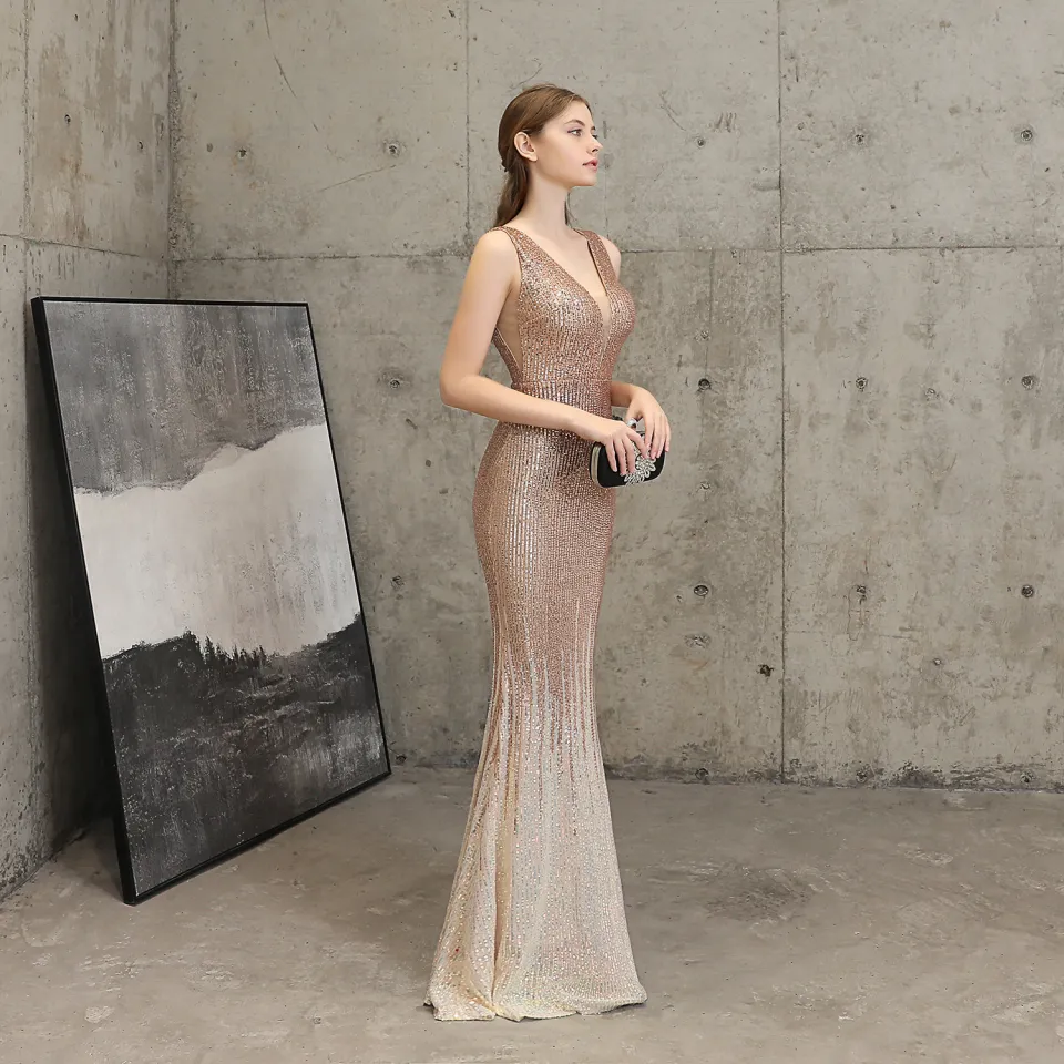 Women's Sequins Dinner Party Evening Long Dress Fashion Lady Sleeveles  Elegant Swing Formal Gown Dress