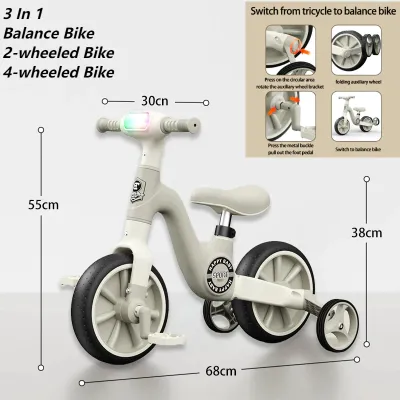 Beige Balance Bike For Kids with Music & Light 2 in1 Kids Balance Bike For Kids Baby Tricycle
