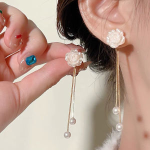 Camellia Tassel Earrings for Women French Style Pearl Pendant Earrings Elegant High End Earring Drop