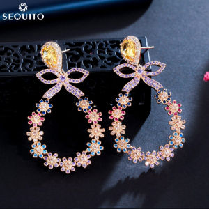 SEQUITO Fashion Bohemian Ear Jewelry Multicolor Cubic Zircon Stone Setting Gold Color Big Long Flower Drop Dangling Boho Earrings for Women SE521