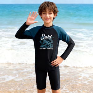 ชุดว่ายน้ำเด็กใส่ได้ทั้งชายและหญิง ชุดว่ายน้ำแยกชิ้น ชุดว่ายน้ำแขนยาวขาสั้น ป้องกันแสงแดด ชุดว่ายน้ำลายสุดเท่ ผ้านิ่ม ใส่สบาย รุ่น E2368