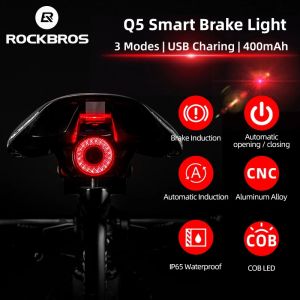 SG delivery ROCKBROS light Bicycle Smart Auto Brake Sensing Light IPx6 Waterproof LED Charging Cycling Taillight Bike Rear Light Accessories Q5
