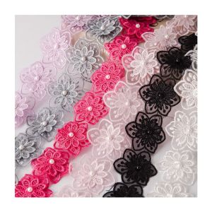 MAJESTI Width 6cm Flower Pearl Lace Double-Layer Beaded Decoration Embroidered Lace Craft Supply Six Petal Design Floral Trim Wedding Dress