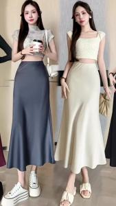 Ammin 2024ฤดูร้อนผ้าซาตินนุ่มใหม่หยดตามธรรมชาติสีทึบกระโปรงนางเงือกสีทึบที่เรียบง่ายยาวซิปเอวสูงทั้งหมดในตัวเดียว