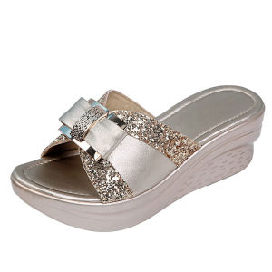[Free Shipping] Womens Slippers 2026 New Summer Fashion Outdoor Sandals Womens Thick-Soled Wedge Heel Shiny Bowknot Slide Sandals