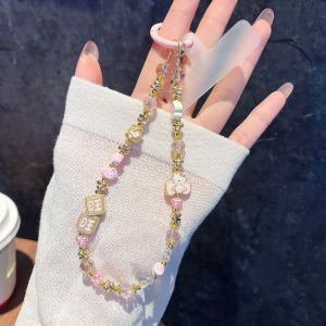 (HD1)Handmade Maneki Neko Beaded Lanyard - Crystal & Glass Flower Charm Anti-Loss for Womens Bag Phone Car Keys  Cat Accessory  Rantai Manik Maneki Neko Buatan Tangan - Pesona Bunga Kristal & Kaca Tali Leher Anti Hilang untuk Beg Wanita Telef