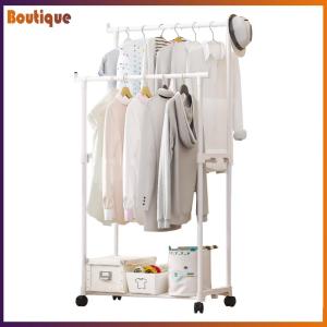 แร็คเสื้อผ้าคู่แร็คเสื้อผ้าม้วนผ้าชั้นวางเสื้อผ้ามัลติฟังก์ชั่นพร้อมล้อสำหรับร้านเสื้อผ้าห้องซักรีด
