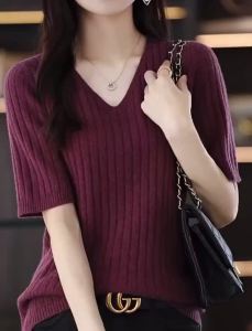 short sleeve white formal blouse for women plus sizeIce silk sweater slim V-neck trendy korean casual office plain T-shirts tops