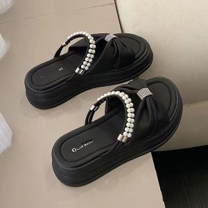 Free Shipping Thick-Soled Height-Increasing Sandals A Fashionable Summer 2026 New Style Featuring Pearl Embellishments And A Roman-Style One-Strap Design Suitable For Outdoor Wear