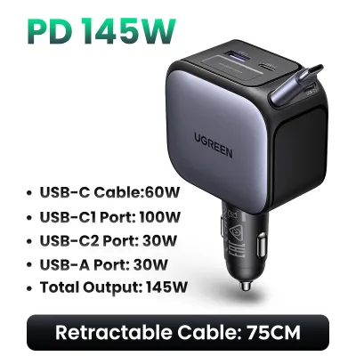 UGREEN 75W Muti Ports Fast Charging Car Charger with USB-C Retractable Cable for SAMSUNG S25 Ultra 24 23 22 iPhone 16 pro max 15 pro max 14 pro max xiaomi huawei