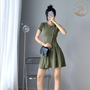 (Free Size) Womens High-Quality Summer Mini Dress - Backless Short Sleeve Casual Korean Style (Black Moss Green Dark Green Pink Nude)