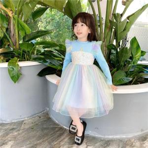 Dress Gaun Anak Lengan Panjang Unicorn Rainbow Glitter Sequin