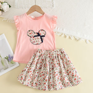 Gấu lãnh đạo mùa hè quần áo bé gái thiết lập trẻ em quần áo hoạt hình bay tay áo Tops + VÁY 2pcs 3-7 năm trẻ em mặc giản dị