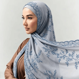 MIRELINA Soft Satin Sequin Floral Hijab Flowy Breathable Embroidered Hijab Luxury Sparkly Sequin Lace Edge Shawl Muslim Women