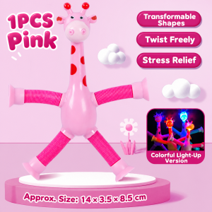 4PCS LED Telescopic Suction-Cup Giraffe Toy Educational Sensory Toy for Fine Motor Skills Deformable Bendable and Extendable Tube Toy with Light-Up Shake Feature Birthday Gift for Boys Girls